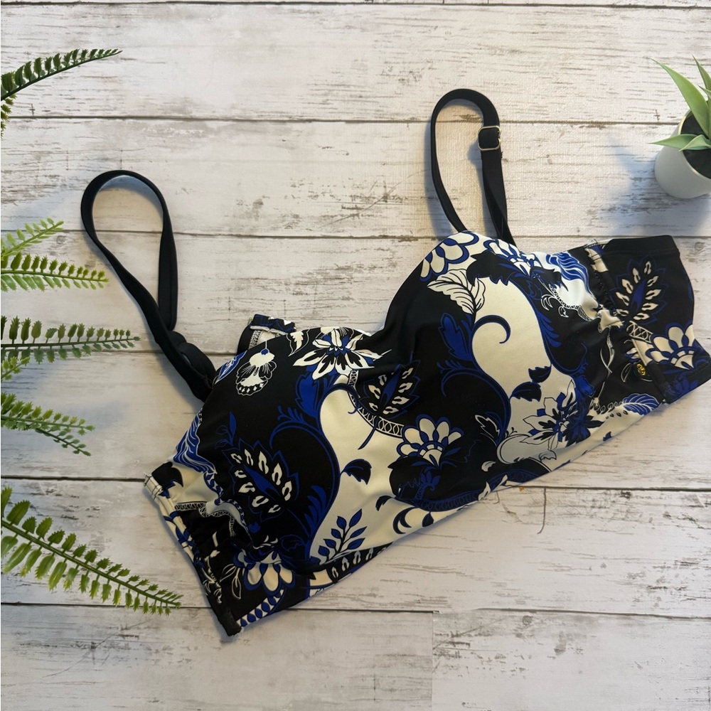 La Vie en Rose Aqua - Blue & White Floral Underwire Bikini Top (Plunge) – XL